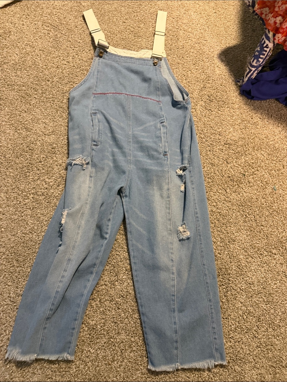 Amazon Light Blue Denim Overalls with Distressed Detail